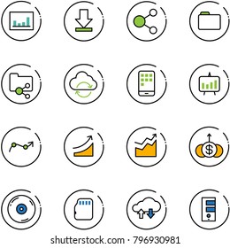 line vector icon set - statistics vector, download, share, folder, shared, refresh cloud, mobile, presentation chart, point arrow, rise, growth, dollar, cd, micro flash card, exchange data, server