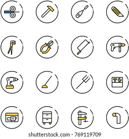 line vector icon set - steel rolling vector, hammer, chisel, work knife, plumber, side cutters, metal hacksaw, drill machine, hoe, farm fork, tool box, generator, cabinet, clamp, allen key