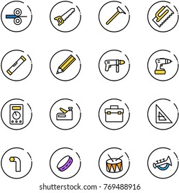 line vector icon set - steel rolling vector, saw, mason hammer, trowel, level, pencil, drill machine, multimeter, stapler, tool box, corner ruler, allen key, tambourine, drum, horn toy
