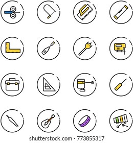 line vector icon set - steel rolling vector, fretsaw, trowel, level, corner ruler, chisel, wood drill, jig saw, tool box, laser lever, awl, forceps, guitar, tambourine, xylophone