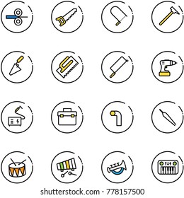 line vector icon set - steel rolling vector, saw, fretsaw, mason hammer, trowel, metal hacksaw, drill, welding, tool box, allen key, forceps, drum, xylophone, horn toy, piano