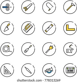 line vector icon set - steel rolling vector, saw, fretsaw, mason hammer, trowel, level, corner ruler, measuring tape, chisel, wood drill, welding, forceps, horn toy, piano