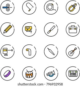 line vector icon set - steel rolling vector, fretsaw, measuring tape, side cutters, pencil, jig saw, rasp, tool box, laser lever, allen key, forceps, guitar, tambourine, drum, horn toy, piano