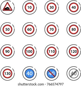 line vector icon set - steep descent vector road sign, speed limit 10, 30, 40, 50, 60, 70, 80, 90, 100, 110, 120, 130, minimal, end