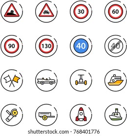 line vector icon set - steep roadside vector road sign, for moto, speed limit 30, 60, 90, 130, minimal, end, flags cross, cabrio, gyroscope, cruiser, Angular grinder, trailer, rocket, toy boat