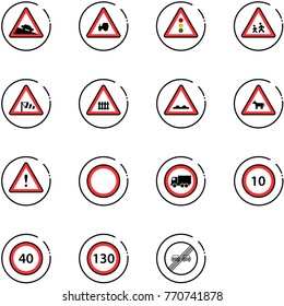 line vector icon set - steep descent vector road sign, tractor way, traffic light, children, side wind, railway intersection, rough, cow, attention, prohibition, no truck, speed limit 10, 40, 130