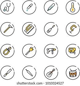 line vector icon set - stethoscope vector, pipette, thermometer, mason hammer, trowel, chisel, clamp, side cutters, wood drill, machine, jig saw, rasp, forceps, guitar, drum