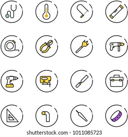line vector icon set - stethoscope vector, thermometer, fretsaw, level, measuring tape, side cutters, wood drill, machine, jig saw, rasp, tool box, corner ruler, allen key, forceps, tambourine