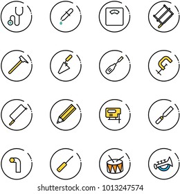line vector icon set - stethoscope vector, pipette, floor scales, bucksaw, mason hammer, trowel, chisel, clamp, metal hacksaw, pencil, jig saw, rasp, allen key, awl, drum, horn toy