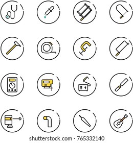 line vector icon set - stethoscope vector, pipette, bucksaw, fretsaw, mason hammer, measuring tape, clamp, metal hacksaw, multimeter, jig saw, welding, rasp, laser lever, allen key, forceps, guitar