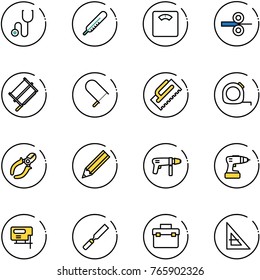 line vector icon set - stethoscope vector, thermometer, floor scales, steel rolling, bucksaw, fretsaw, trowel, measuring tape, side cutters, pencil, drill machine, jig saw, rasp, tool box