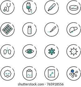 line vector icon set - stethoscope vector, drop counter, thermometer, pill, pills blister, vial, scalpel, liver, lungs, eye, ambulance star, virus, pulse clipboard, x ray, molecule