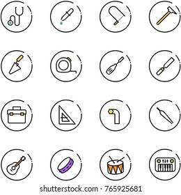 line vector icon set - stethoscope vector, pipette, fretsaw, mason hammer, trowel, measuring tape, chisel, rasp, tool box, corner ruler, allen key, forceps, guitar, tambourine, drum, toy piano