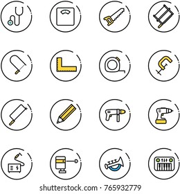line vector icon set - stethoscope vector, floor scales, saw, bucksaw, fretsaw, corner ruler, measuring tape, clamp, metal hacksaw, pencil, drill machine, welding, laser lever, horn toy, piano