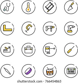 line vector icon set - stethoscope vector, thermometer, bucksaw, trowel, corner ruler, clamp, drill machine, stapler, tool box, laser lever, awl, forceps, tambourine, drum, toy piano