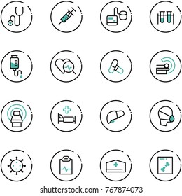 line vector icon set - stethoscope vector, syringe, tonometer, vial, drop counter, heart diagnosis, pills, mri, hospital bed, liver, medical mask, virus, pulse clipboard, doctor hat, x ray