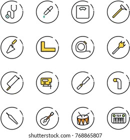 line vector icon set - stethoscope vector, pipette, floor scales, mason hammer, trowel, corner ruler, measuring tape, wood drill, metal hacksaw, jig saw, rasp, allen key, forceps, guitar, drum