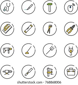 line vector icon set - stethoscope vector, scalpel, work, mouse wireless, trowel, level, plumber, pliers, drill machine, hoe, farm fork, winch, pipe welding, rasp, clamp, tool box