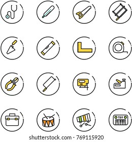 line vector icon set - stethoscope vector, thermometer, saw, bucksaw, trowel, level, corner ruler, measuring tape, side cutters, metal hacksaw, jig, stapler, tool box, drum, xylophone, toy piano