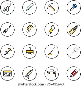 line vector icon set - stethoscope vector, thermometer, rock axe, wrench, chisel, clamp, pliers, nail dowel, milling cutter, hoe, farm fork, generator, gun sealant, tool box, marker