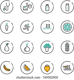 line vector icon set - stethoscope vector, tonometer, pills bottle, vial, carrot, run, pool, lemon slice, pear, onion, broccoli, spica, banana, watermelone, strawberry