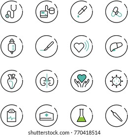line vector icon set - stethoscope vector, tonometer, pipette, pills, drop counter, scalpel, heart beat, liver, kidneys, care, virus, pulse clipboard, doctor hat, flask, forceps
