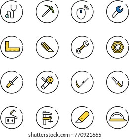 line vector icon set - stethoscope vector, job, mouse wireless, wrench, corner ruler, work knife, nut, clinch, Angular grinder, scythe, soldering iron, welding, clamp, construction helmet