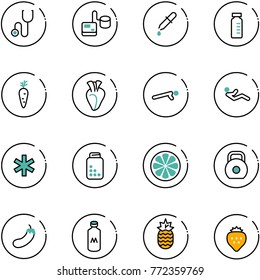 line vector icon set - stethoscope vector, tonometer, pipette, vial, carrot, heart, push ups, abdominal muscles, ambulance star, pills bottle, lemon slice, weight, eggplant, milk, pineapple