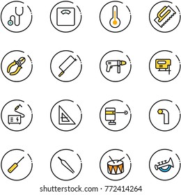 line vector icon set - stethoscope vector, floor scales, thermometer, trowel, side cutters, metal hacksaw, drill machine, jig saw, welding, corner ruler, laser lever, allen key, awl, forceps, drum