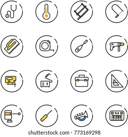 line vector icon set - stethoscope vector, thermometer, bucksaw, fretsaw, trowel, measuring tape, chisel, drill machine, jig saw, welding, tool box, corner ruler, laser lever, awl, horn toy, piano