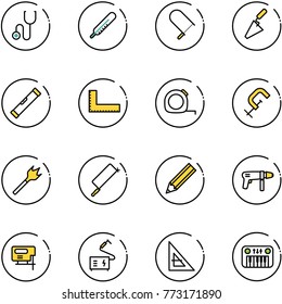 line vector icon set - stethoscope vector, thermometer, fretsaw, trowel, level, corner ruler, measuring tape, clamp, wood drill, metal hacksaw, pencil, machine, jig saw, welding, toy piano