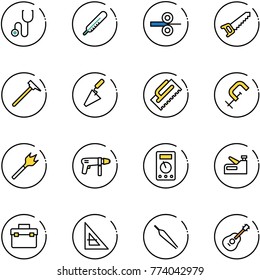 line vector icon set - stethoscope vector, thermometer, steel rolling, saw, mason hammer, trowel, clamp, wood drill, machine, multimeter, stapler, tool box, corner ruler, forceps, guitar