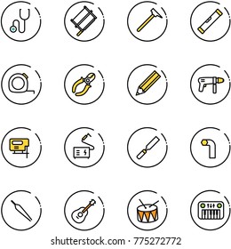 line vector icon set - stethoscope vector, bucksaw, mason hammer, level, measuring tape, side cutters, pencil, drill machine, jig saw, welding, rasp, allen key, forceps, guitar, drum, toy piano