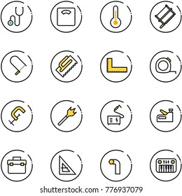 line vector icon set - stethoscope vector, floor scales, thermometer, bucksaw, fretsaw, trowel, corner ruler, measuring tape, clamp, wood drill, welding, stapler, tool box, allen key, toy piano
