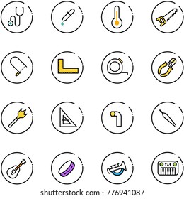 line vector icon set - stethoscope vector, pipette, thermometer, saw, fretsaw, corner ruler, measuring tape, side cutters, wood drill, allen key, forceps, guitar, tambourine, horn toy, piano