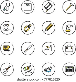 line vector icon set - stethoscope vector, floor scales, bucksaw, mason hammer, measuring tape, side cutters, pencil, drill, jig saw, rasp, stapler, tool box, guitar, xylophone, horn toy, piano