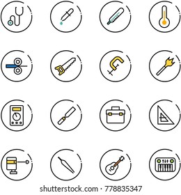 line vector icon set - stethoscope vector, pipette, thermometer, steel rolling, saw, clamp, wood drill, multimeter, rasp, tool box, corner ruler, laser lever, forceps, guitar, toy piano