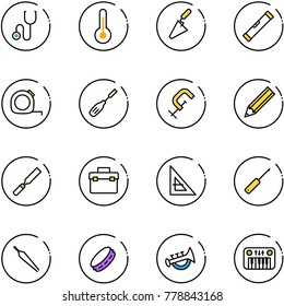line vector icon set - stethoscope vector, thermometer, trowel, level, measuring tape, chisel, clamp, pencil, rasp, tool box, corner ruler, awl, forceps, tambourine, horn toy, piano