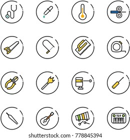 line vector icon set - stethoscope vector, pipette, thermometer, steel rolling, saw, fretsaw, trowel, measuring tape, side cutters, wood drill, laser lever, awl, forceps, guitar, xylophone