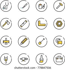 line vector icon set - stethoscope vector, scalpel, bucket scoop, hammer, axe, level, corner ruler, nut, milling cutter, pencil, shovel, machine tool, winch, pipe welding, brush, box