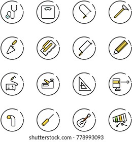 line vector icon set - stethoscope vector, floor scales, fretsaw, mason hammer, trowel, metal hacksaw, pencil, welding, stapler, corner ruler, laser lever, allen key, awl, guitar, xylophone
