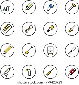 line vector icon set - stethoscope vector, highlight marker, wrench, hammer, trowel, dowel, clinch, pencil, shovel, tool cabinet, rasp, gun sealant, allen key, awl