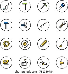 line vector icon set - stethoscope vector, work, job, wrench, hammer, steel rolling, chisel, nut, saw disk, pencil, hoe, jig, welding, lawn mower, allen key set