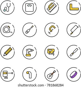line vector icon set - stethoscope vector, floor scales, trowel, corner ruler, measuring tape, chisel, clamp, metal hacksaw, pencil, drill, jig saw, rasp, laser lever, allen key, guitar, tambourine
