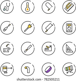 line vector icon set - stethoscope vector, thermometer, fretsaw, trowel, chisel, wood drill, metal hacksaw, multimeter, welding, rasp, stapler, corner ruler, laser lever, allen key, tambourine