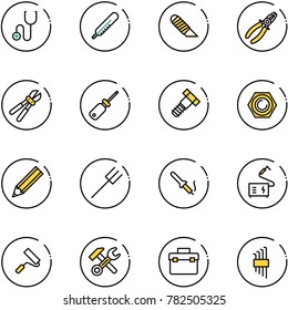line vector icon set - stethoscope vector, thermometer, work knife, pliers, bolt cutter, screwdriver, nut, pencil, farm fork, soldering iron, welding, paint roller, wrench hammer, tool box