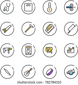 line vector icon set - stethoscope vector, floor scales, thermometer, steel rolling, saw, mason hammer, trowel, metal hacksaw, drill machine, multimeter, jig, stapler, forceps, guitar, tambourine