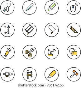 line vector icon set - stethoscope vector, thermometer, highlight marker, mouse wireless, bezier, bucksaw, fretsaw, work knife, wrench, scissors, drill, machine tool, pipe welding, clamp, toy hammer