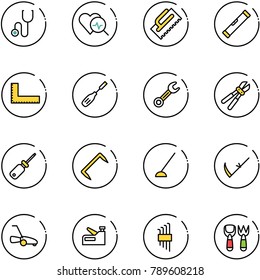 line vector icon set - stethoscope vector, heart diagnosis, trowel, level, corner ruler, chisel, wrench, bolt cutter, screwdriver, staple, hoe, scythe, lawn mower, stapler, allen key set