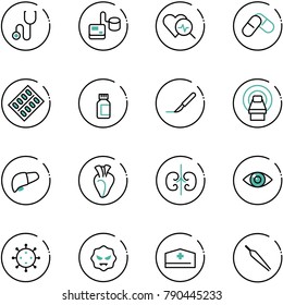 line vector icon set - stethoscope vector, tonometer, heart diagnosis, pills, blister, bottle, scalpel, mri, liver, kidneys, eye, virus, doctor hat, forceps